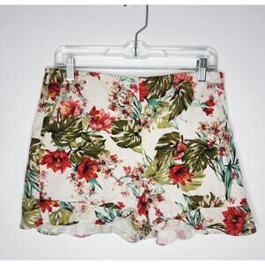 Zara Shorts Womens Large White Floral Tropical Scallop Hem Side Zip Pockets